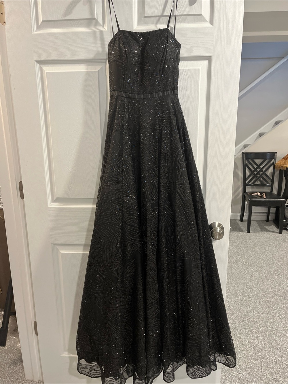 Elegant Black Sparkle Prom Dress with Spaghetti Straps